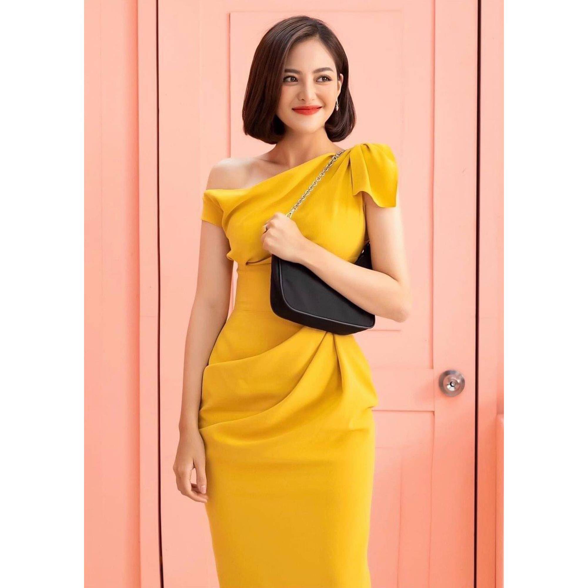 Đầm lệch vai xếp ly eo thiết kế cao cấp