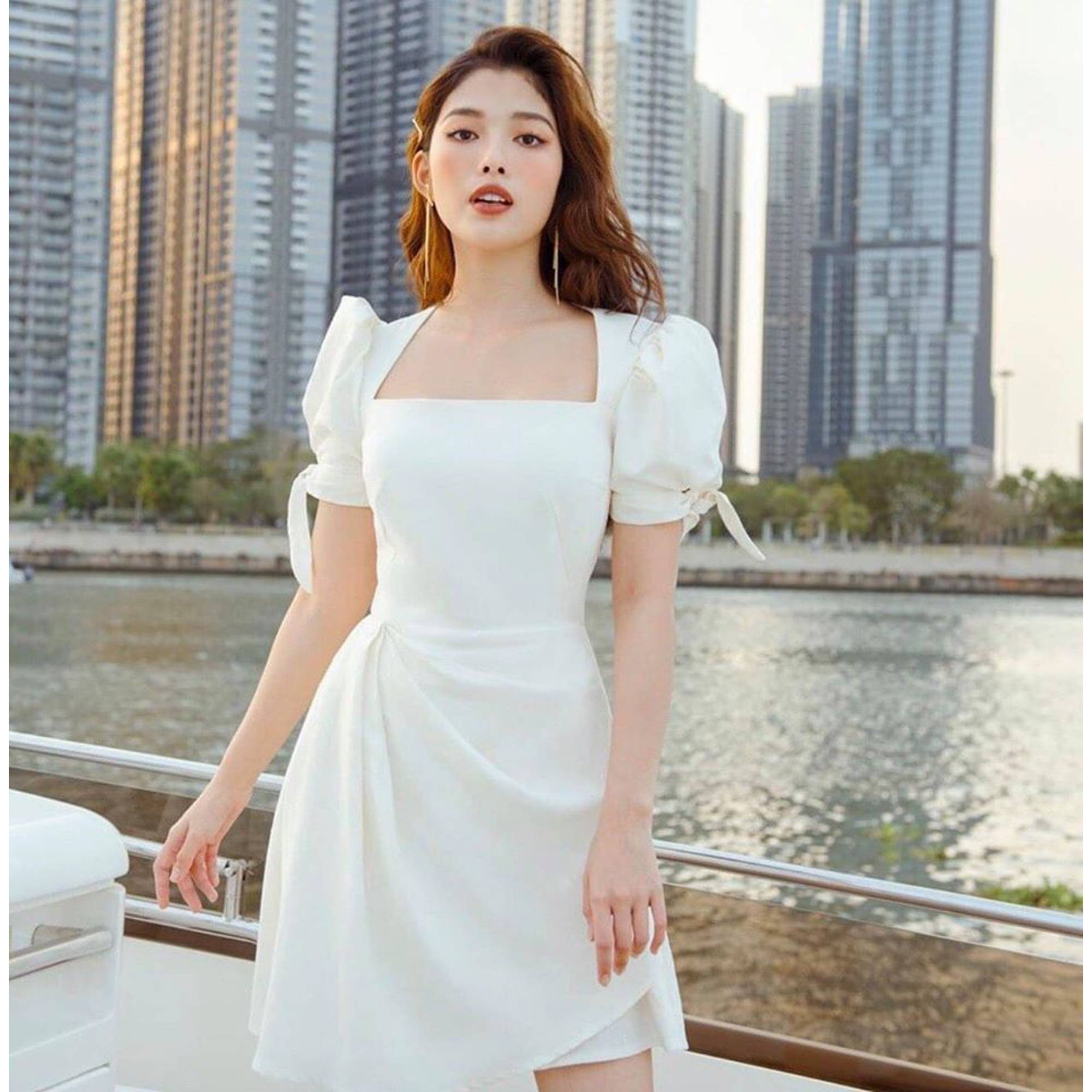 Đầm xòe nhún eo tay phồng thiết kế cao cấp