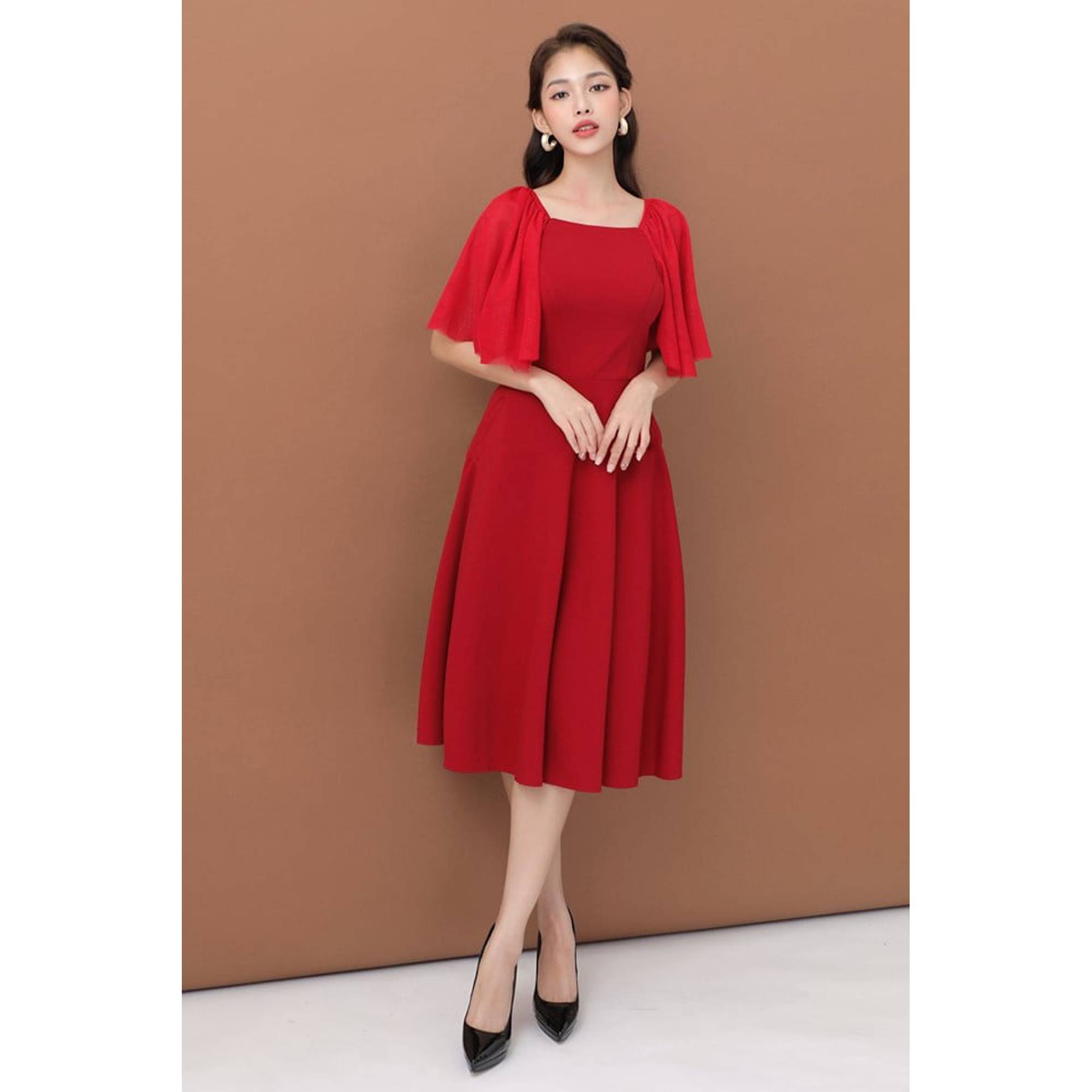 Đầm xòe cổ U tay lưới thiết kế cao cấp