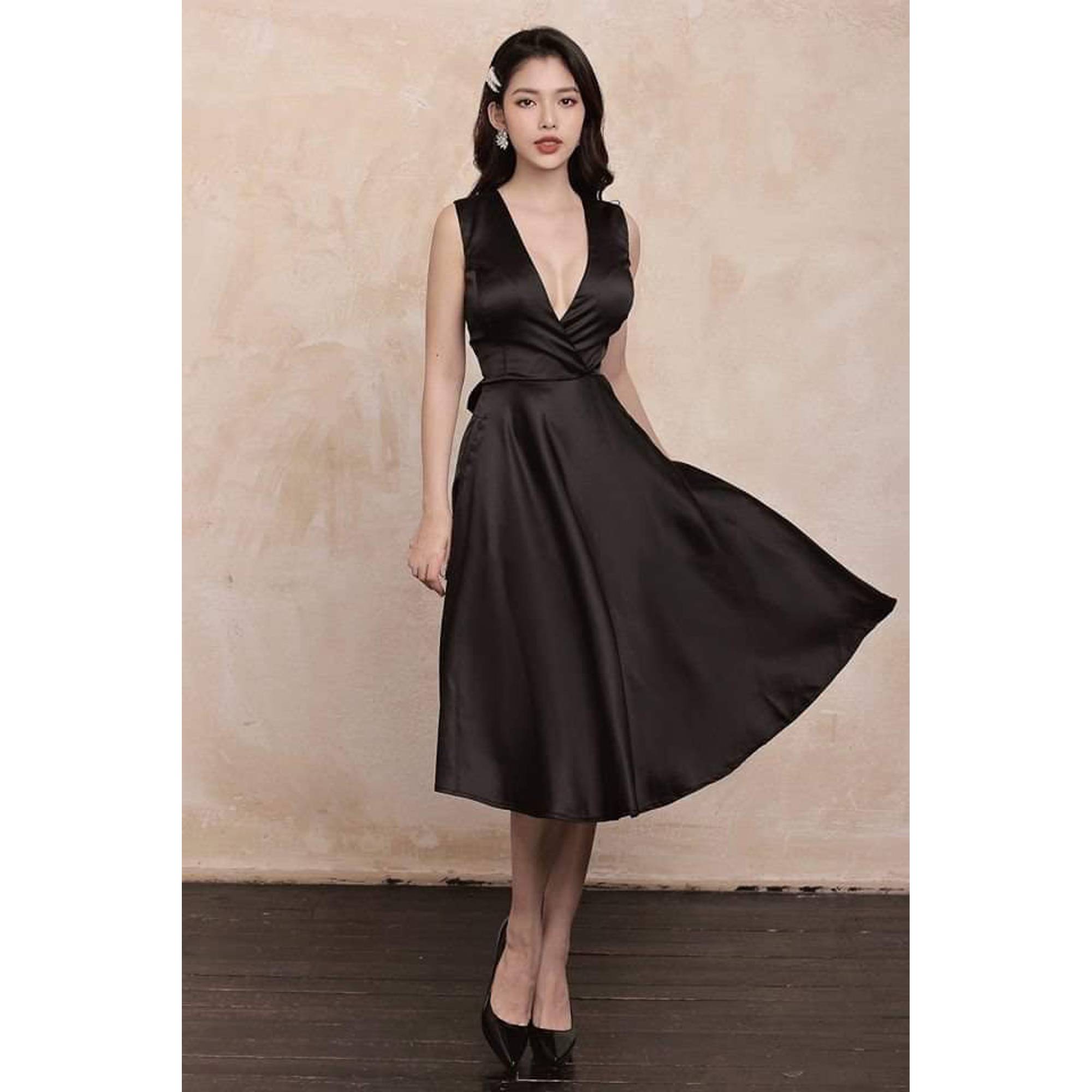 Đầm xòe cổ V nơ sau thiết kế cao cấp