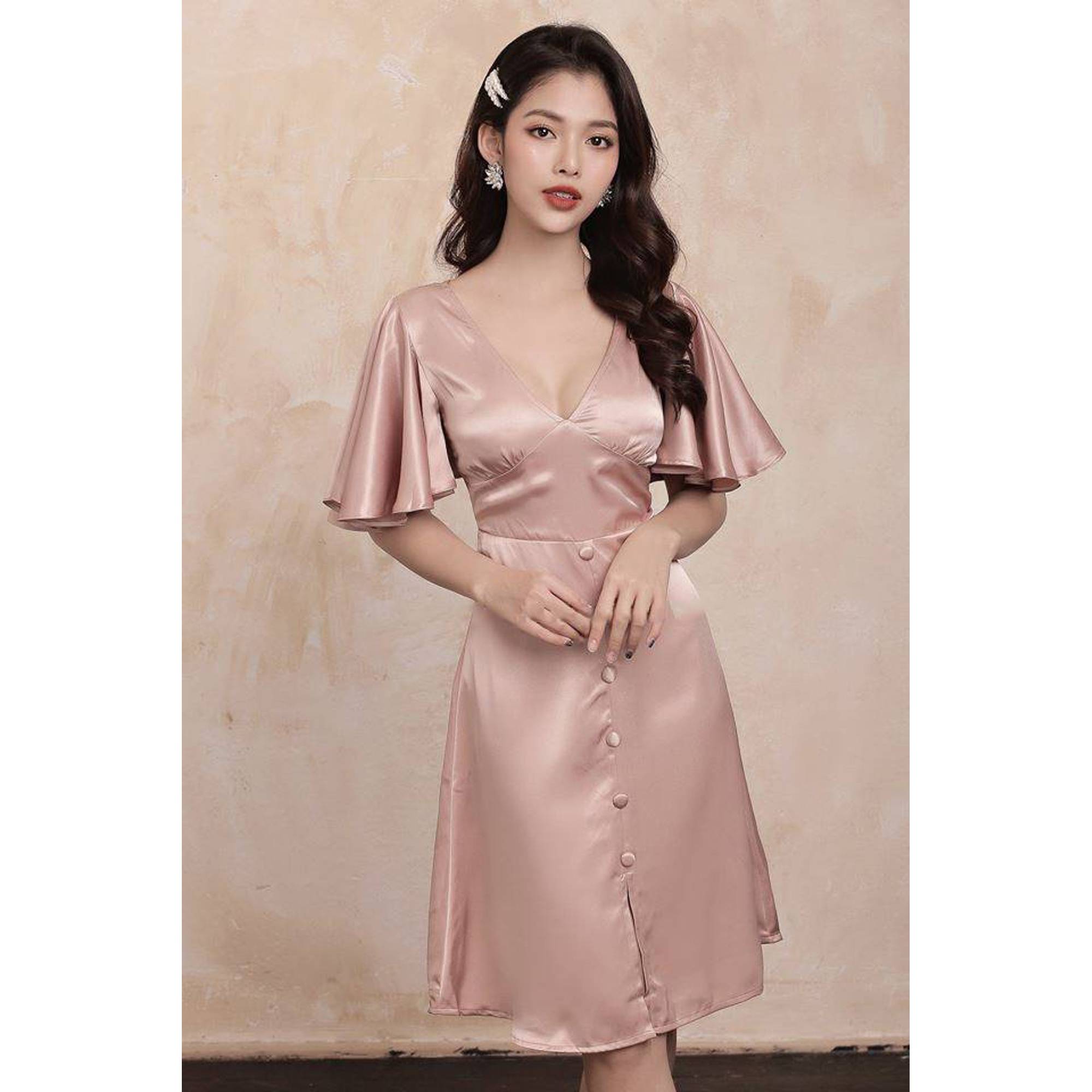 Đầm cổ V tay xòe thiết kế cao cấp