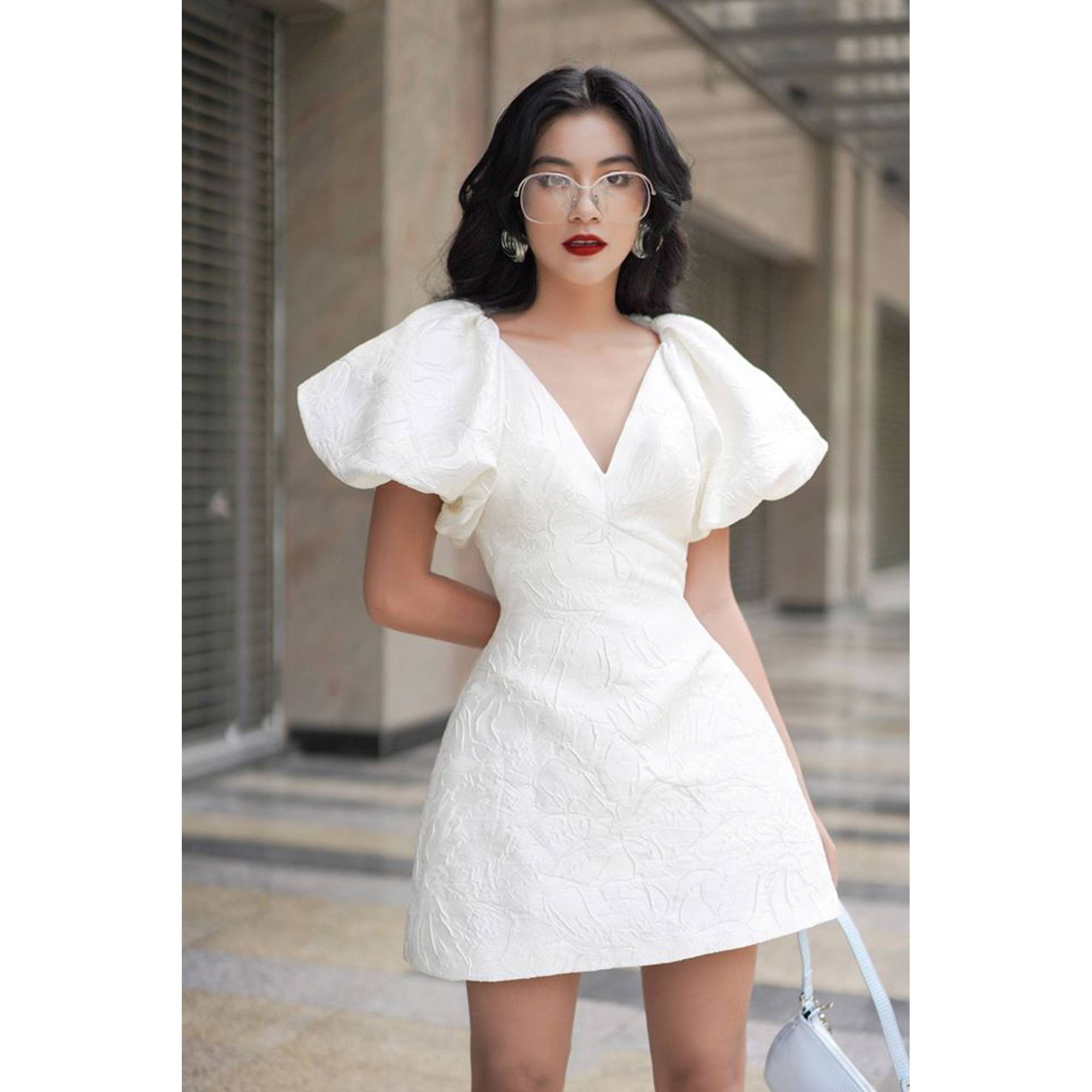 Đầm xòe gấm tay phồng thiết kế cao cấp