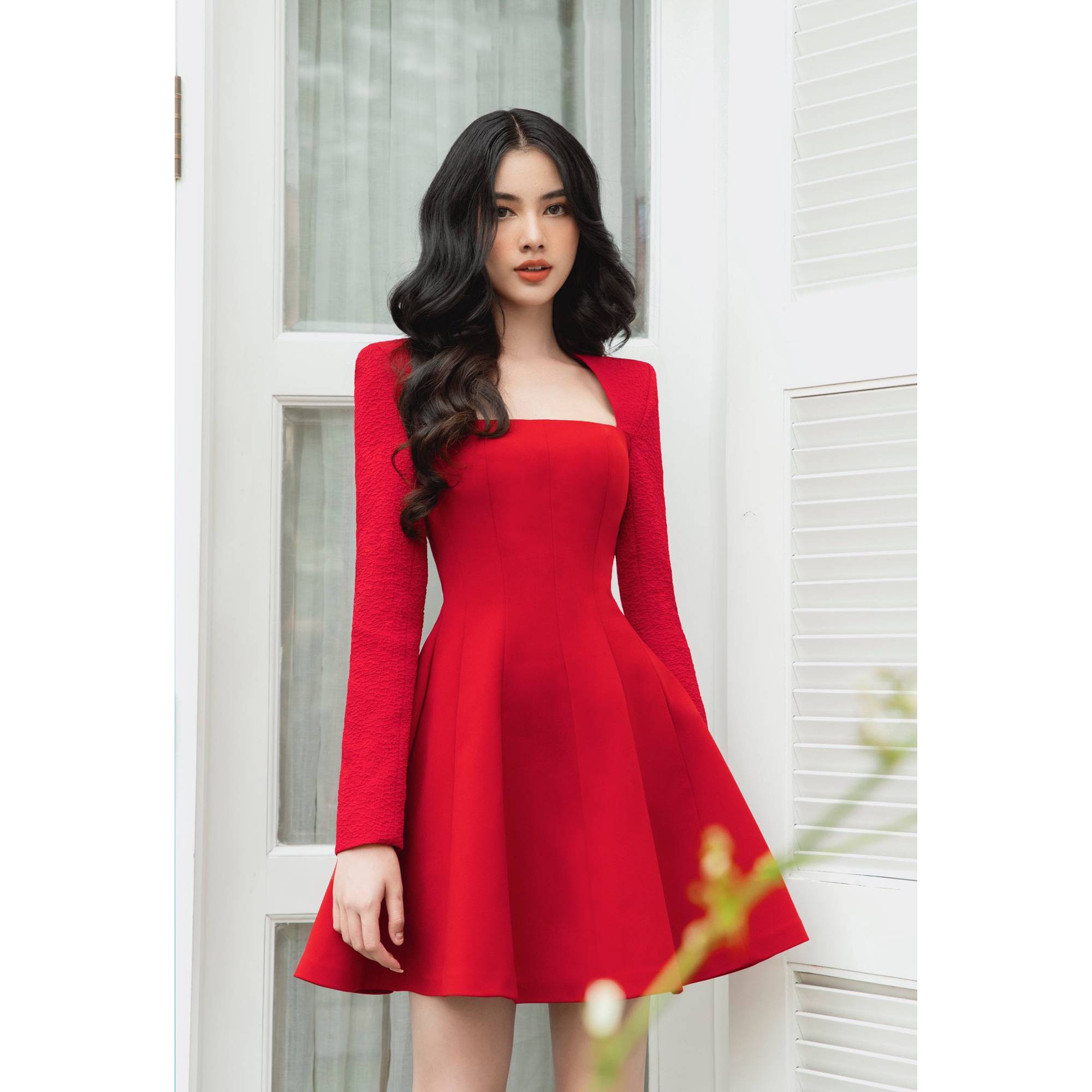 Đầm xòe tay dài độn vai thiết kế cao cấp