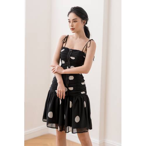 Đầm nhún 2 dây chấm bi thiết kế cao cấp