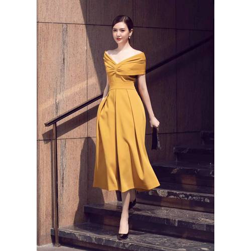 Đầm xòe vai ngang xếp ly thiết kế cao cấp