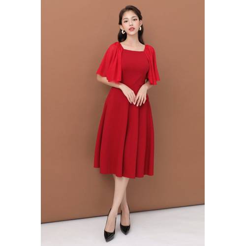 Đầm xòe cổ U tay lưới thiết kế cao cấp