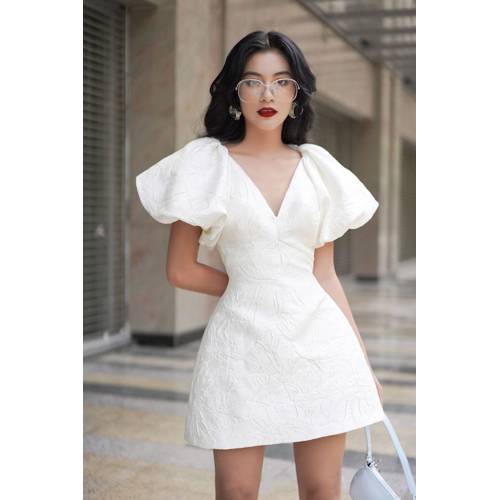 Đầm xòe gấm tay phồng thiết kế cao cấp