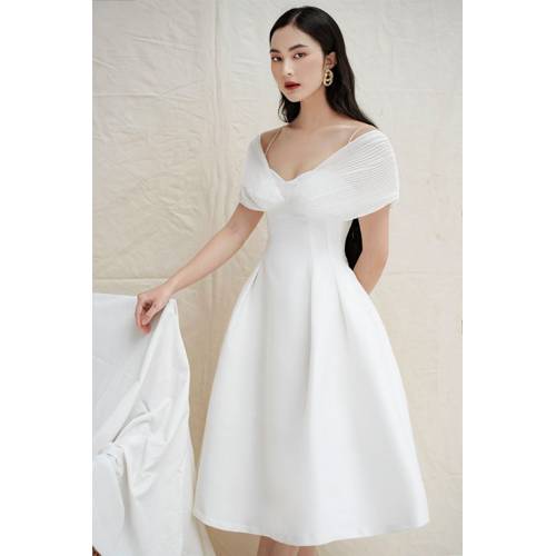 Đầm xòe 2 dây vai xếp ly thiết kế cao cấp