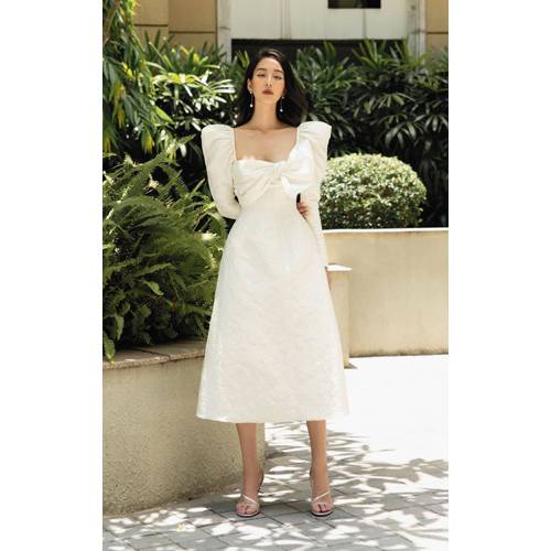 Đầm xòe gấm tay phồng cổ U thiết kế cao cấp