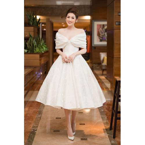 Đầm xòe gấm trễ vai thiết kế cao cấp