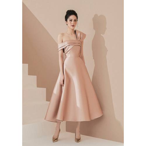 Đầm xòe hồng nude nơ vai thiết kế cao cấp