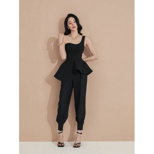 Set áo lệch vai peplum quần kết nút lai thiết kế cao cấp