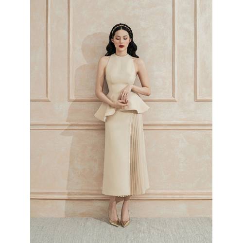 Set áo peplum và chân váy phối xếp ly