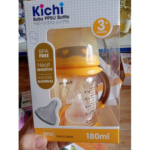 BÌNH SỮA KICHI PPSU 180ML CỔ HẸP CÓ QUAI CẦM + VAN CHỐNG SẶC