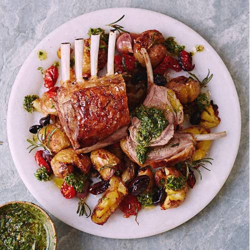 Roast rack of lamb with crushed potatoes