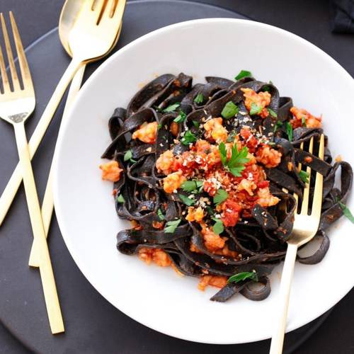 Spicy Squid Ink Fettuccine with Shrimp and Chorizo