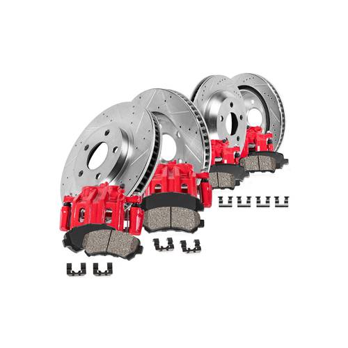 CCK01950 FRONT + REAR Bột tráng màu đỏ [4] Calipers + [4] Cánh quạt DS mạ kẽm + Bụi thấp [8] Miếng