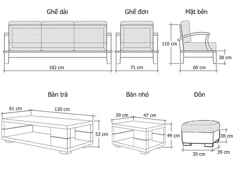 kích thước bộ bàn ghế gỗ phòng khách