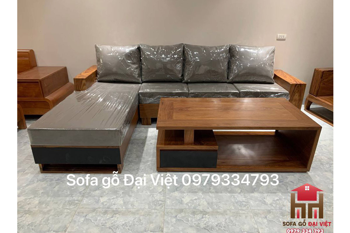 Bàn ghế Sofa góc gỗ hương xám 1T tại Sofa Gỗ Đại Việt